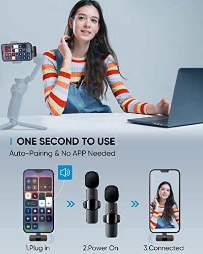 CDJ- Mugs Micrófono de Solapa Inalámbrico Plug&Play para iPhone/iPad/iOS/Android, Microfono Inalambrico para Youtube, Facebook, Twitter, TIK Tok Video y transmisión en Vivo. (Viene con un Adaptador)