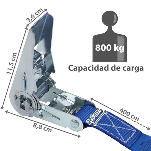 Cinchas de amarre correa para trinquete 4 m o 6 m paquete de 4 tensor de carraca cinchas azul, 25 mm de ancho - resistente a 800 kg DIN EN 12195-2, 4 piezas 2.5 cm x 4 m
