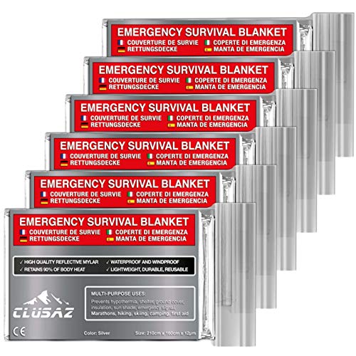 CLUSAZ 6 Manta Termica Supervivencia XL, Emergencia Mylar Manta, Botiquin Manta para Coche, Camping, Montaña Senderismo, Mochila, Fria, Aislante Primeros Auxilios, Kit Supervivencia