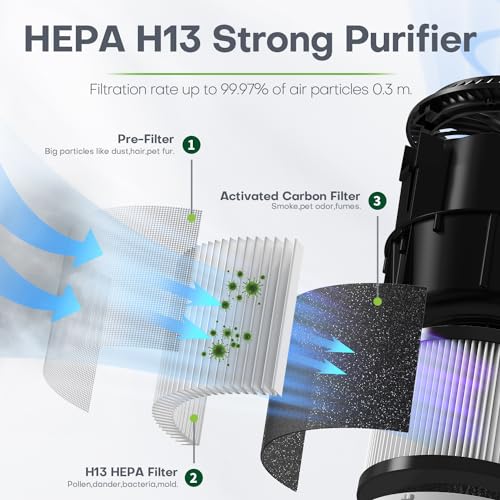 CONOPU Purificador de Aire de Hogar con Filtro Hepa H13 con 3-capa, para Alergias con Función de Temporizador, Elimina 99,97% Olores Polen