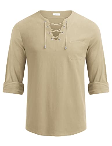 COOFANDY - Camiseta de algodón y lino para hombre, cuello en V, para yoga - - Medium