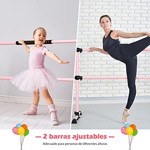 COSTWAY Barra de Ballet Independiente Móvil Altura Regulable Barra de Estiramiento Desmontable Barra de Ballet de Hierro Carga hasta 50 kg (Rosa)