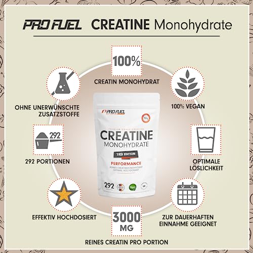Creatina monohidratada en polvo 1kg / 1000g - calidad micronizada - óptimamente dosificada - creatina pura sin aditivos - 100% vegana - para 292 dias