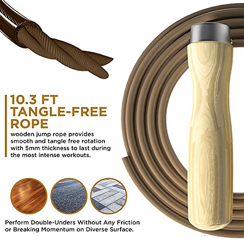 Cuerda de saltar de Athletics Gear, mango de madera pura y cuerdas de salto de velocidad de cuero premium para mujeres fitness (mango de madera natural)