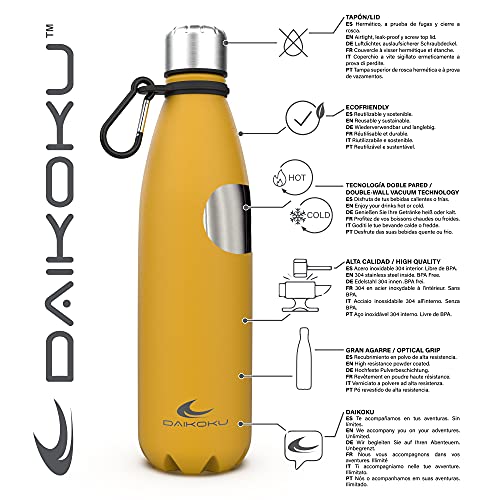 Daikoku - Botella Termica de Acero Inoxidable 500ML | A Prueba de Fugas | Bebidas Calientes por 12 Horas y Frías por 24 | Seguro y Saludable | Ideal para Senderismo, Gimnasio, Oficina | Amarillo