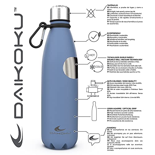 Daikoku - Botella Termica de Acero Inoxidable 500ML | A Prueba de Fugas | Bebidas Calientes por 12 Horas y Frías por 24 | Seguro y Saludable | Ideal para Senderismo, Gimnasio, Oficina | Azul