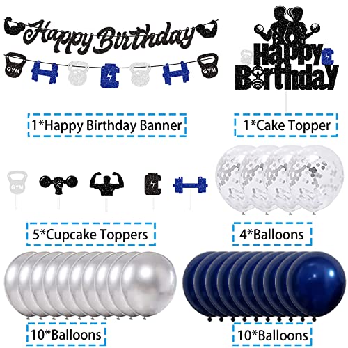 de globos de fitness para gimnasio, tema de látex, decoración de cumpleaños, juego de decoración de cumpleaños con pancarta feliz cumpleaños para decoración de cumpleaños, deportes temáticos
