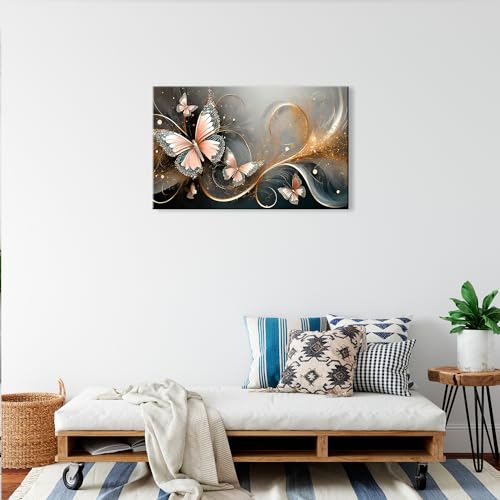 DECLINA - Cuadro decorativo para pared, cuadro decorativo para casa, cuadro decorativo de pared, salón, lienzo abstracto, mariposas rosas, 80 x 50 cm