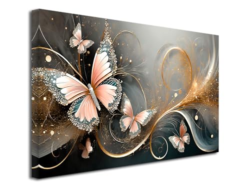 DECLINA - Cuadro decorativo para pared, cuadro decorativo para casa, cuadro decorativo de pared, salón, lienzo abstracto, mariposas rosas, 80 x 50 cm
