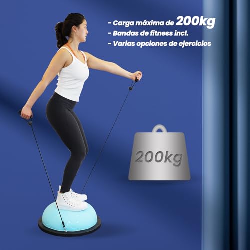 DH FitLife Balón de equilibrio, yoga, 60 x 22 cm, soporta hasta 200 kg, media pelota de gimnasia, tabla de equilibrio con bomba y 2 bandas de fitness, color azul
