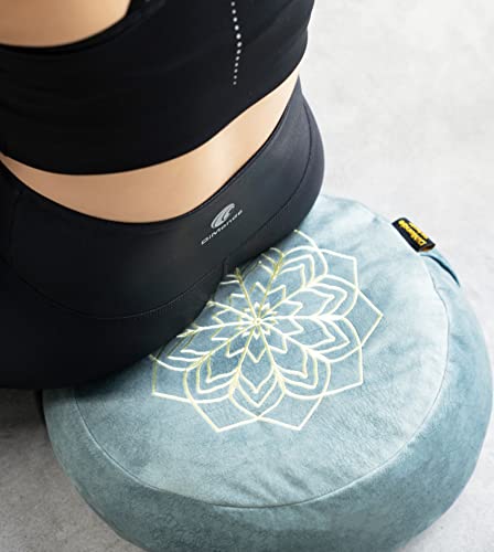 DiMonde Zafu Cojin Meditacion - Cojin Yoga - Funda extraíble y Lavable - Relleno de Trigo sarraceno - Asa Lateral - Bolsa de algodón - Mandala - Altura 13 cm - Diámetro 33 cm - Verde