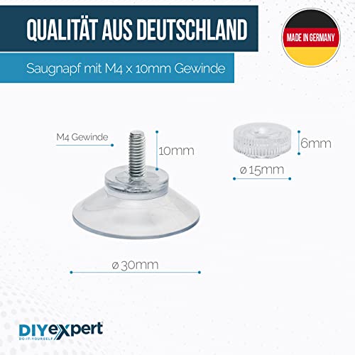 DIYexpert® 4 x Ventosas diámetro 30 mm con rosca M4 x 10 mm incluye tuercas moleteadas transparentes, fabricadas en Alemania