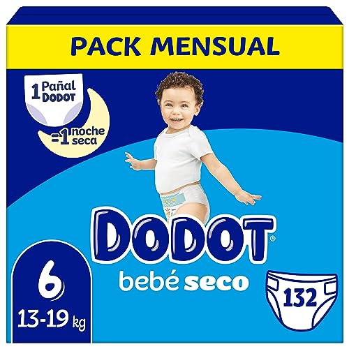 Dodot Pañales Bebé-Seco Talla 6 (+13 kg), 132 Pañales con Protección Antifugas, Pack Mensual