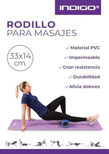 DRUNA Rodillo Rulo de Espuma Redondo para Masajes Musculares Pilates Yoga PVC Foam Roller Fitness INDIGO 33*14 cm. Azul Claro