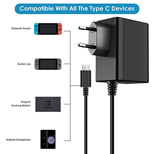 ECHTPower Cargador Nintendo Switch, Adaptador de Corriente de Carga Rápida USB Tipo C, Compatible con Modo TV/Switch Lite/Otros Dispositivos de Tipo1 C (1,5M)