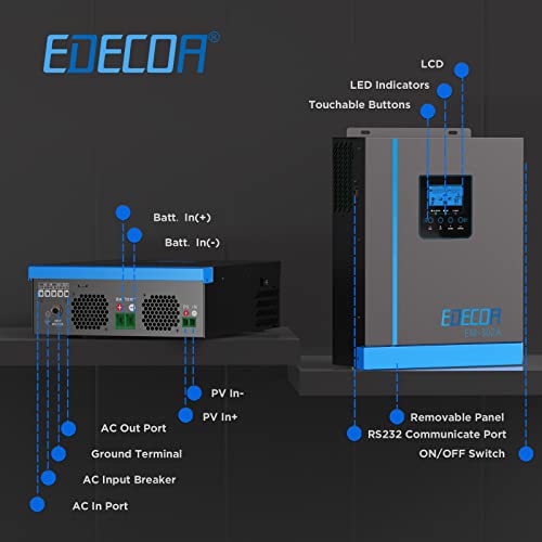 EDECOA Inversor Hibrido 24v 3000w 220v 230v 3.2KVA/3000W Cargador Solar MPPT 80A Pure Sine (Off-Grid) con Cargador de Bateria, prioridad de Red, Regulador de Carga Solar