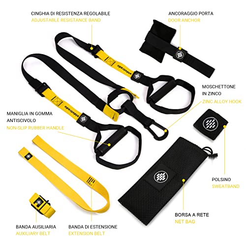ELDOTRADO Kit de entrenamiento de suspensión Workout ajustable con cables y soporte para puerto, Suspensión, kit de entrenamiento con bolsa y puño, multifunción, deporte casa (amarillo)