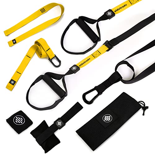 ELDOTRADO Kit de entrenamiento de suspensión Workout ajustable con cables y soporte para puerto, Suspensión, kit de entrenamiento con bolsa y puño, multifunción, deporte casa (amarillo)