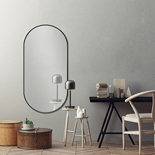 [en.casa] Espejo de Pared para Baño Pasillo Elegante Forma Elíptica Horizontal/Vertical Aluminio 40 x 80 cm Negro