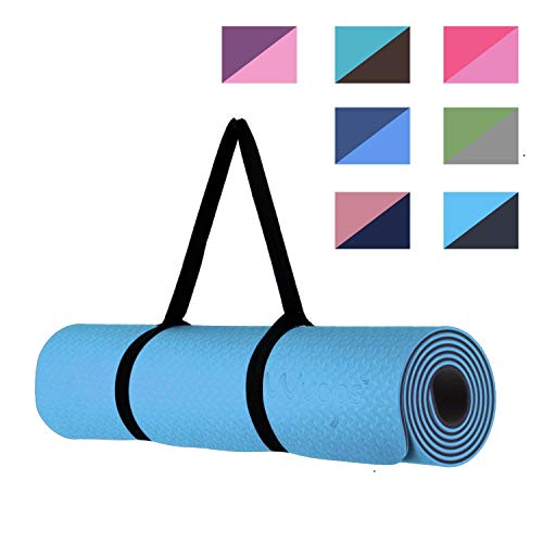 esterilla yoga Wueps, incluye correa de hombro y bolsa de transporte, ideal para realizar deporte en casa, antideslizante (Color Azul Lago y Gris Fresco)