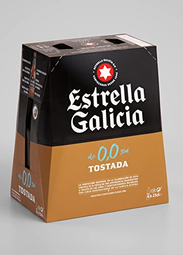 Estrella Galicia 0,0 Tostada - Cerveza Lager sin Alcohol, Pack de 24 Botellines x 25 cl, Sabor y Aroma Tostado y Equilibrado, 0% Volumen de Alcohol