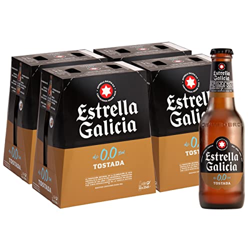 Estrella Galicia 0,0 Tostada - Cerveza Lager sin Alcohol, Pack de 24 Botellines x 25 cl, Sabor y Aroma Tostado y Equilibrado, 0% Volumen de Alcohol