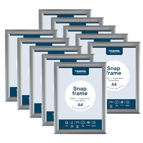 Europel Snap Frame Presupuesto, paquete de 10 piezas A4, perfil anodizado de aluminio de 25 mm y cubierta antirreflejos soportes de póster para venta minorista y publicidad carteles marco para pared
