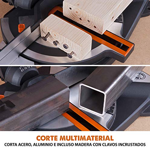 Evolution Power Tools R210CMS Multimaterial Sierra Ingletadora - Corta acero dulce, aluminio, plástico, madera con clavos incrustados, 210 mm