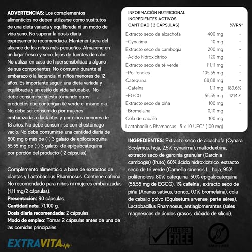 ExtraVITA- Potente Quemagrasas Termogénico, Para Adelgazar Muy Rapido y Efectivo | Garcinia Cambogia | Adelgazante para eliminar y perder Peso | 90 Cápsulas