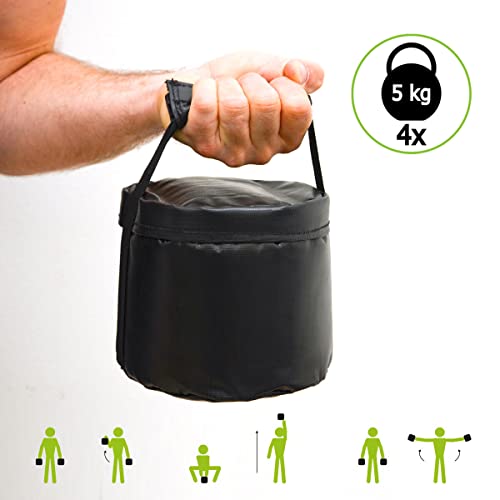 EYEPOWER 20kg Power Bag + 4 Pesi Kettlebell con Sabbia di Ferro - 6 Maniglie Fitness Sandbag per Allenamento Forza - 20x60 Borsa del Peso - Sand Bag per Sport in Casa - Attrezzi Palestra Box Squat