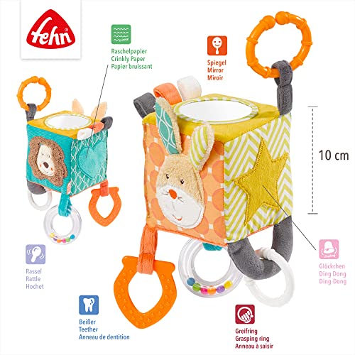 Fehn cubo de actividades motrices Funky Friends - juguete de actividades motrices cubo de actividades para colgar en cochecitos, cunas y portabebés - para bebés y niños mayores de 0 meses