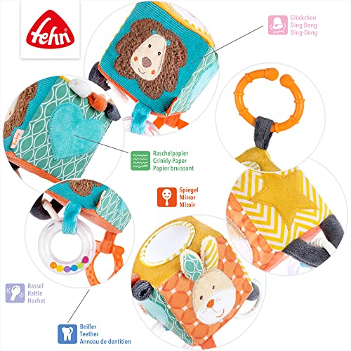 Fehn cubo de actividades motrices Funky Friends - juguete de actividades motrices cubo de actividades para colgar en cochecitos, cunas y portabebés - para bebés y niños mayores de 0 meses