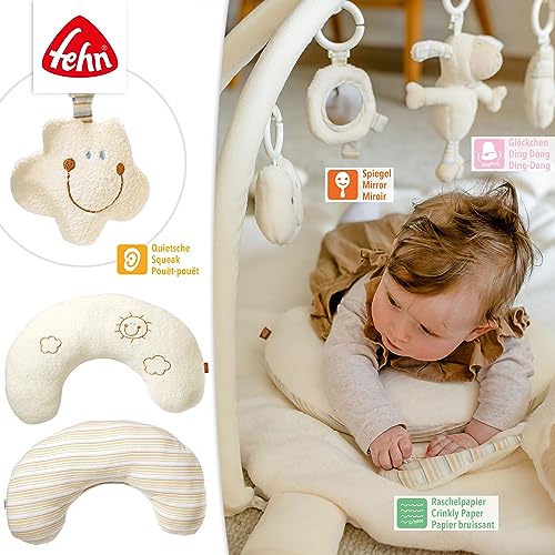 Fehn manta de actividades 3-D arco de juego ovejas - manta de gateo con 5 juguetes desmontables para agarrar - manta de juego para bebés y niños pequeños de 0+ meses - regalo de nacimiento