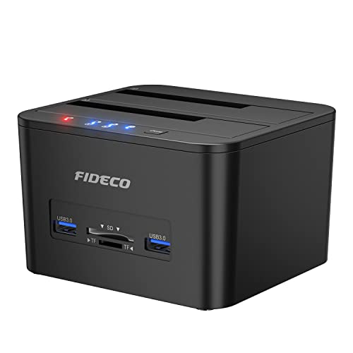 FIDECO Base de Conexión USB 3.0 Estación de Acoplamiento del Disco Duro de Doble Bahía para SATA de 2,5" y 3,5", Función de Clonación sin Conexión, Soporte TF & SD y 2 x 16TB Discos Duros