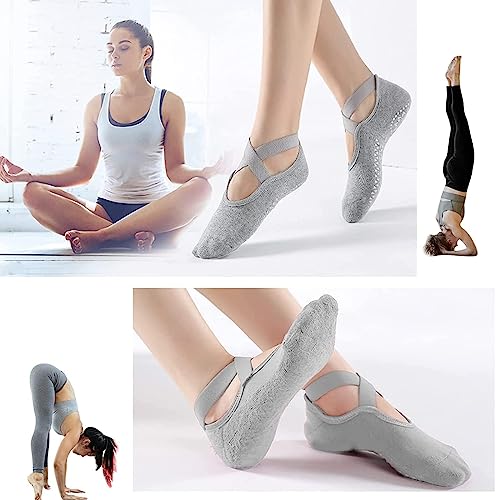fidget pack 2 pares de calcetines de yoga, calcetines antideslizantes, fáciles de poner, calcetines de algodón antideslizantes, para mujer, para pilates, barra, ballet, danza (azul/gris), gris, S-XL