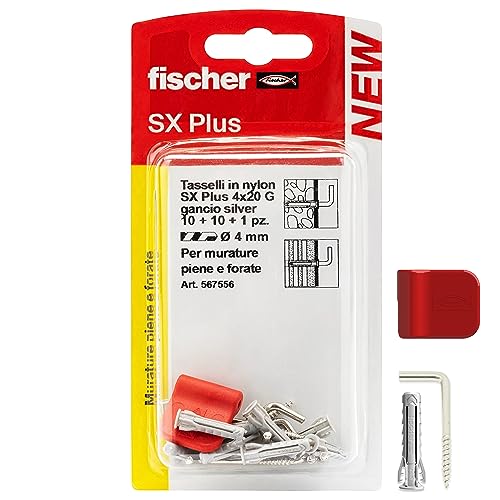 Fischer 567556 - Juego de 10 ganchos para colgar cuadros plateados con tacos de 4 mm y clips de fijación, instalación limpia en la pared para marcos pesados, 567556