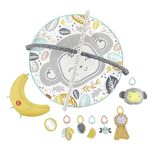 Fisher-Price Alfombra Gimnasio de actividades Monito con accesorios, juguete para bebés recién nacidos (Mattel HBG85)
