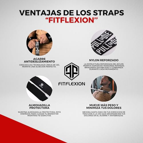 FITFLEXION- Straps gym | Gana músculo más fácil | Almohadilla acolchada,Antideslizante Gelgrip Tech, Correas de 62 cm, 100% tela alta resistencia | Para usuarios de gimnasio preocupados por la calidad