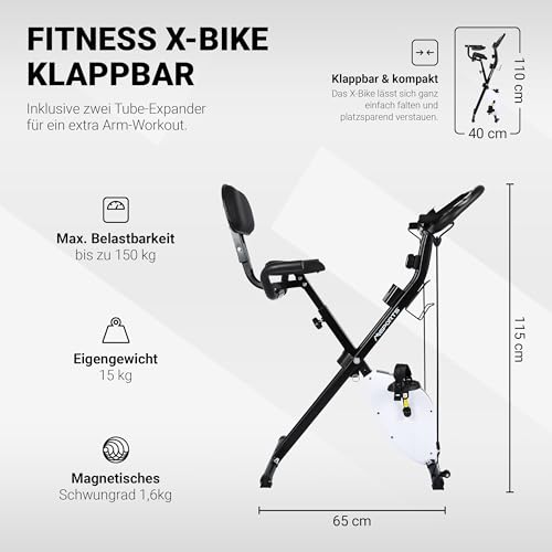 Fitness X-Bike Premium + bandas de resistencia | Bicicleta estática plegable con respaldo, pantalla LCD y sensor de frecuencia cardíaca