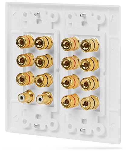 Fosmon [2-Gang 7.1 Surround Distribution] Home Theater Wall Plate - Premium Quality Gold Plated Copper Banana Binding Post Coupler Type Wall Plate for 7 Speakers and 2 RCA Jacks for Subwoofer(s) (White)