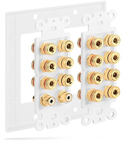 Fosmon [2-Gang 7.1 Surround Distribution] Home Theater Wall Plate - Premium Quality Gold Plated Copper Banana Binding Post Coupler Type Wall Plate for 7 Speakers and 2 RCA Jacks for Subwoofer(s) (White)