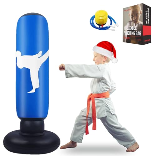 FOYOCER Saco de Boxeo Hinchable de Niños Saco de Arena Inflable de Pie para Practicar Karate MMA Bolsa de Boxeo Fitness para Nniños 61” (Azul)