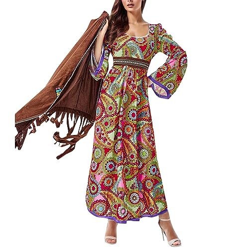 Fulidngzg 2 Piezas Disfraz Hippie Mujer Años 70, Hippie Costume Set, Vestido Hippie, Accesorios Disfraz Hippie Mujer Completo de Carnaval Disco Fiesta