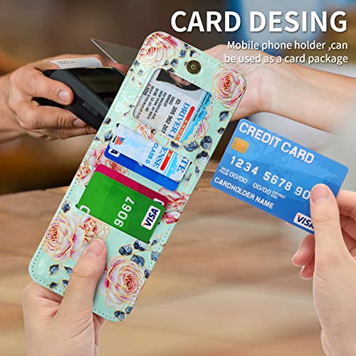 Funda tipo cartera con flores para Samsung Galaxy Z Flip 4 5G con correa para tarjetas de crédito, cordón para mujer, soporte floral, cierre de cuero (Z Flip 4, verde)