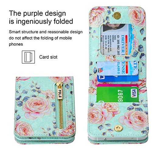 Funda tipo cartera con flores para Samsung Galaxy Z Flip 4 5G con correa para tarjetas de crédito, cordón para mujer, soporte floral, cierre de cuero (Z Flip 4, verde)