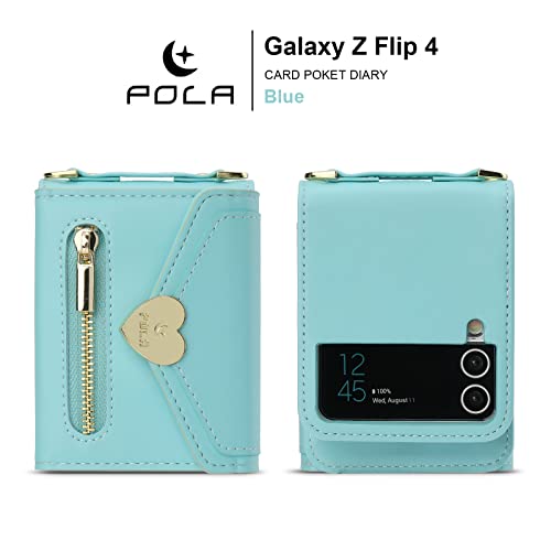 Funda tipo cartera para Samsung Galaxy Z Flip 4 5G con tarjetero de crédito para mujer, correa con cordón de soporte, cremallera de cuero (Z Flip 4, azul)