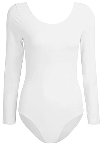 FUREINSTORE Maillot de Danza Ballet Gimnasia Leotardo Body Clásico Elástico para Mujer y Niña de Manga Larga Cuello Redondo (XL, Blanco)