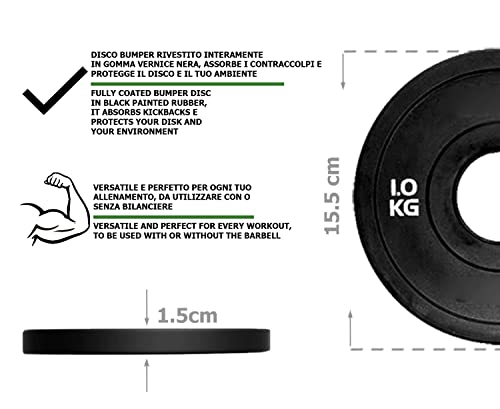 G5 HT SPORT Disco Bumper Micro Carga Total Black Agujero Ø50 mm para Gimnasio Y Home Gym de 0,5 a 2,5 kg (1 x 1 kg)