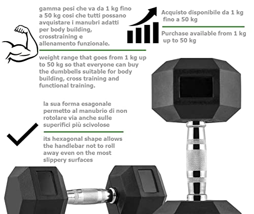 G5 HT SPORT Mancuerna hexagonal profesional recubierta de goma de 1 a 50 kg gimnasios de musculación o Home Gym | Mango ergonómico