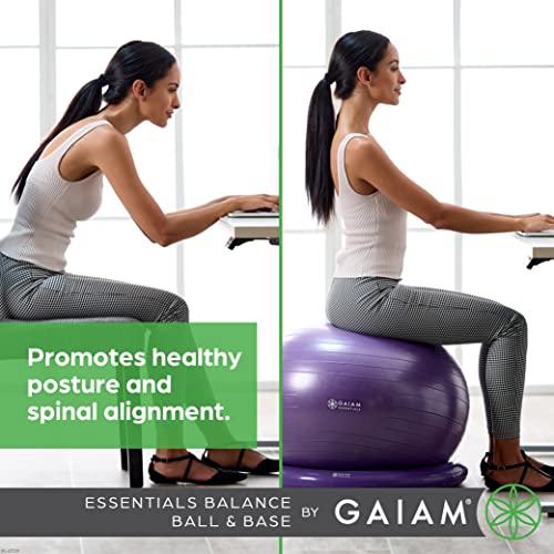 Gaiam Essentials - Kit de balón de equilibrio y base, silla de bola de yoga de 65 cm, pelota de ejercicio con base de anillo inflable para el hogar u oficina, incluye bomba de aire, color morado